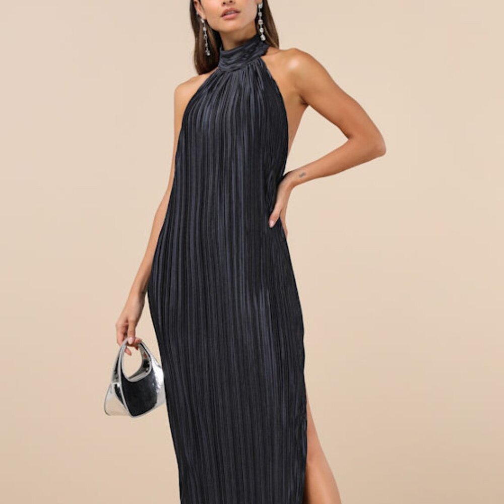 Lulus Gwenny Dark Navy Satin Plisse Maxi Dress Blue - Size M